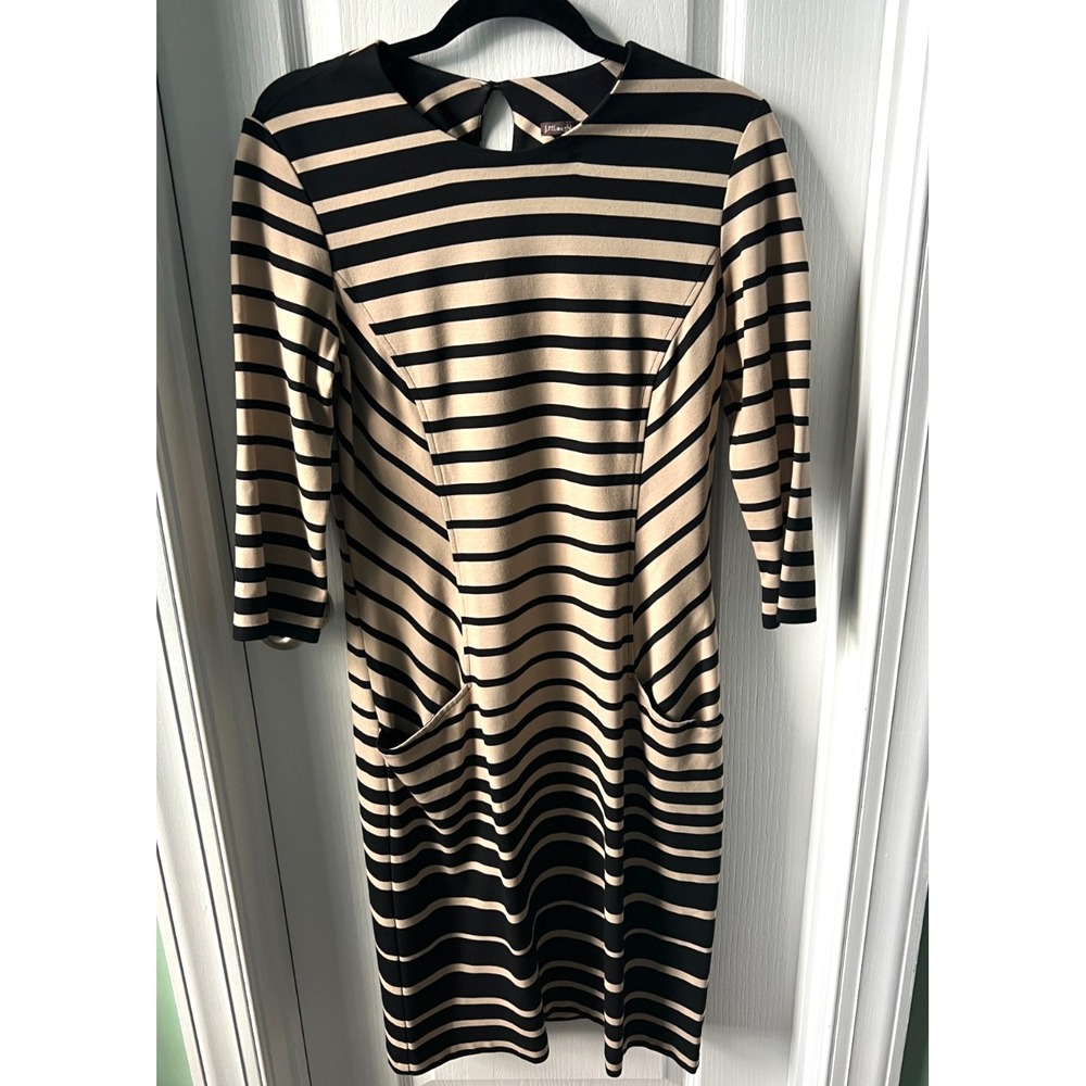 J McLaughlin Catalyst Sheath Dress Beige‎ Black Striped Pockets Size M